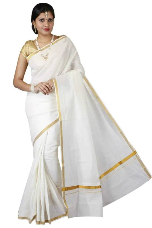 Fashionkiosks Women Pure Cotton Kerala Kasavu Saree With Attached Blouse Piece