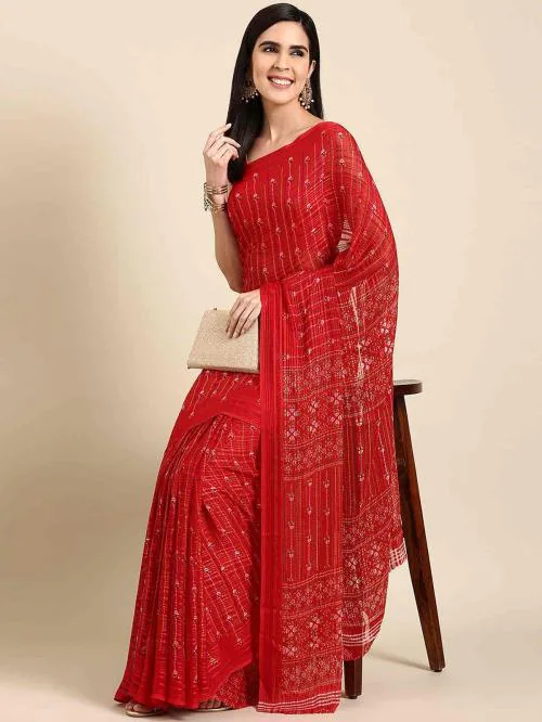 Aishwarya Women WETLESS Printed WITH LACE BLOUSE Maroon Color Saree