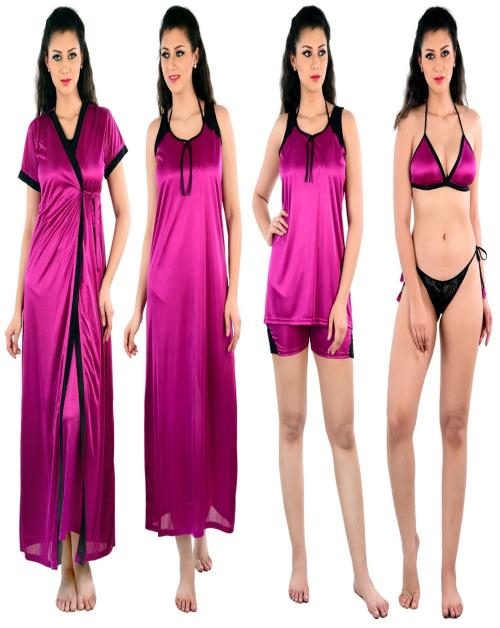 Women's Night Dress and Nighties Pink Satin Nightwear 6pc Robe & Nighty Set