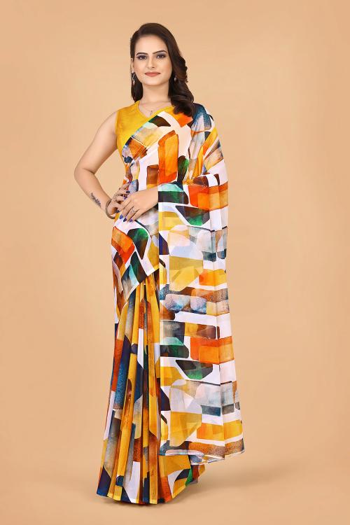 I FABRICS GLOBE MASTER Women Yellow Printed Georgette Sarees