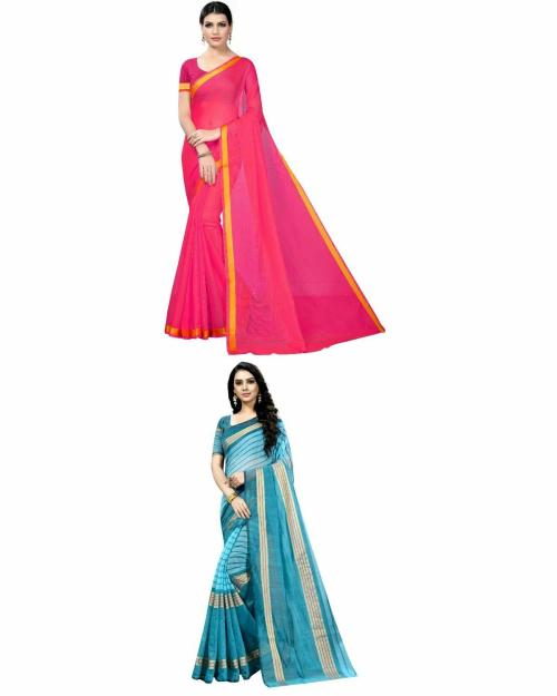 Vkaran Women's Pink & Firozi Colour Cotton Silk Saree With Blouse pack of 2
