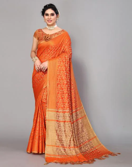 Satrani Silk & Cotton Orange & Beige Color Saree With Blouse Piece | sarees for Women| saree | sarees