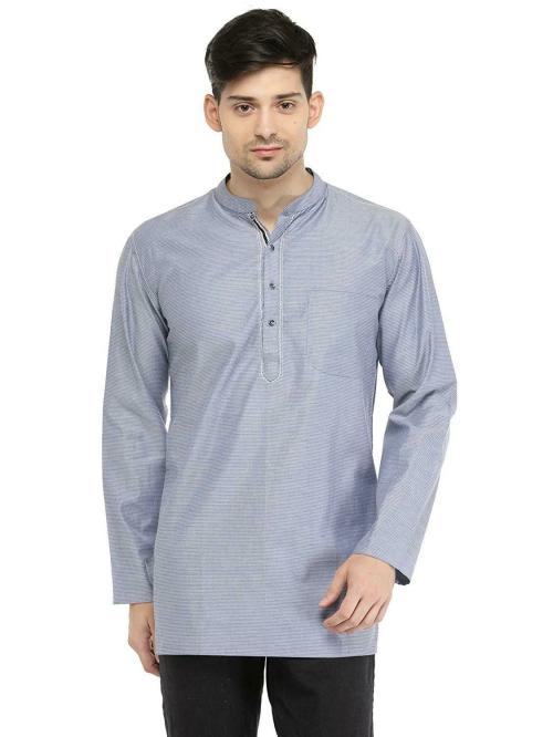 ARCHATTIRE Men Blue White Weave Hand Embroidered Cotton Designer Short Kurta (XXL)