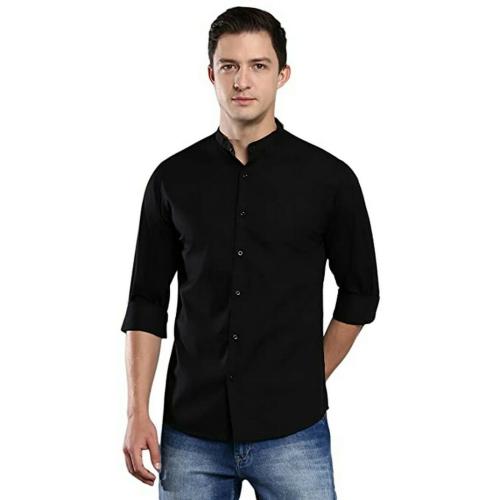 SAREE SUTRA Cotton Plain Black Long Sleeves Solid Mandarin Neck Shirt For Men