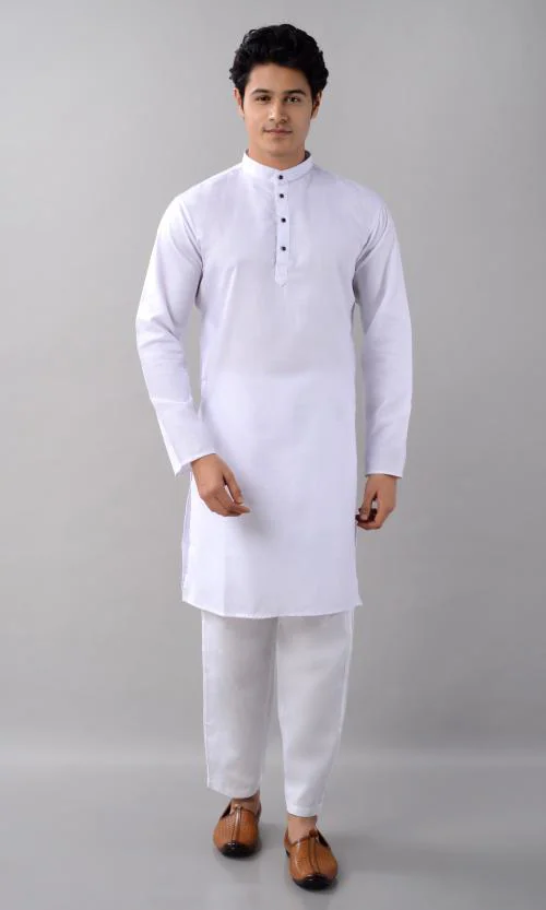 Villain Solid Kurta Pyjama Set For Men (White Kurta,White Pyjama)