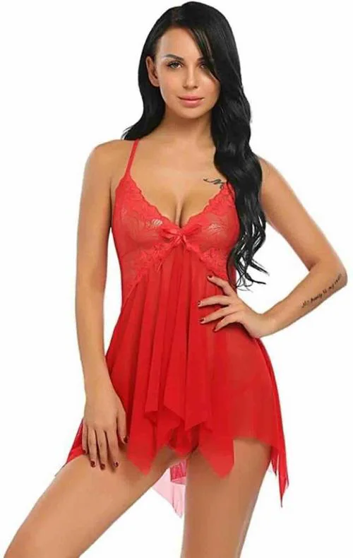 ZXS STYLE Women Red Net Babydoll Nighty