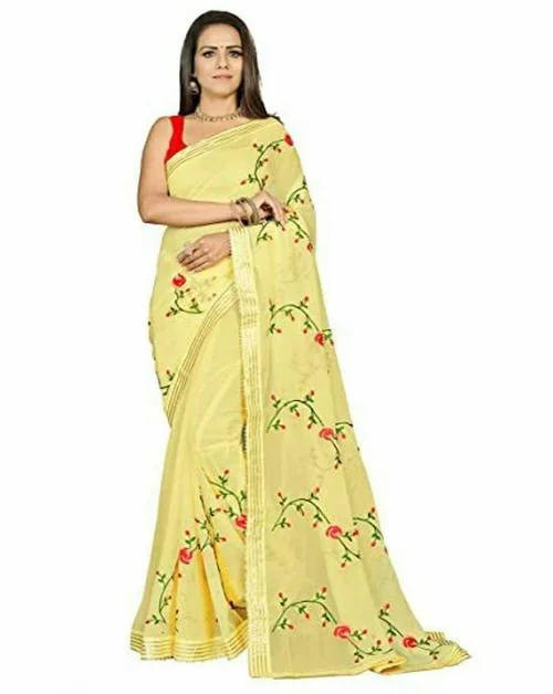 Dularee Fab Women Dark Yellow Indian Classic Floral Embroidery Chiffon Saree