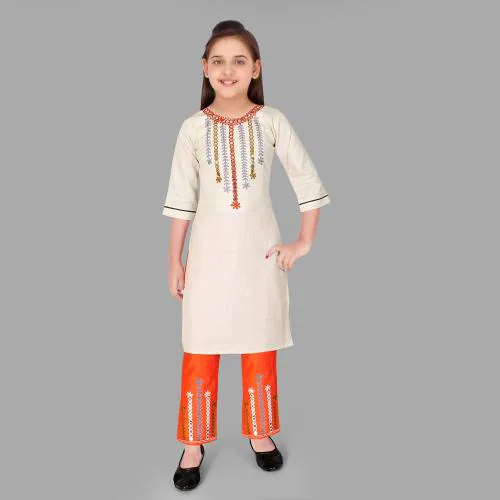Sevgi Girl's Embroidered Kurti and Trouser Set (Cream 15-16 Years)