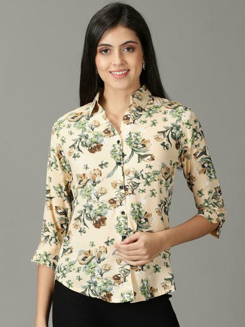 SHOW OFF Women's Cream Printed Viscose Rayon Shirt