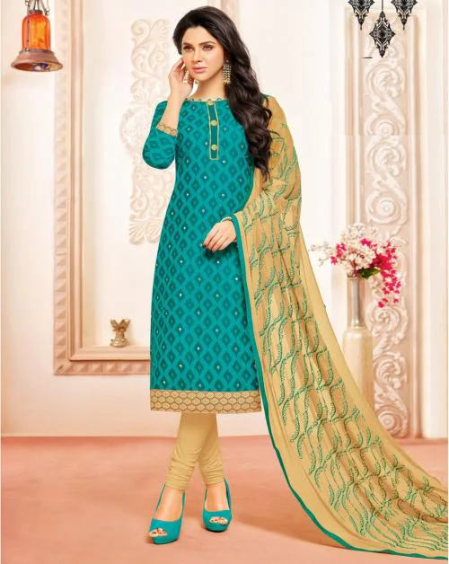 Rama Green & Beige Cotton Embroidered & Mirror Work Salwar Suit For Women