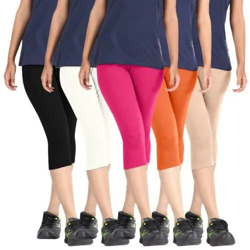Pixie Store Women Multicolor Solid Cotton Lycra Capris (Pack of 5)