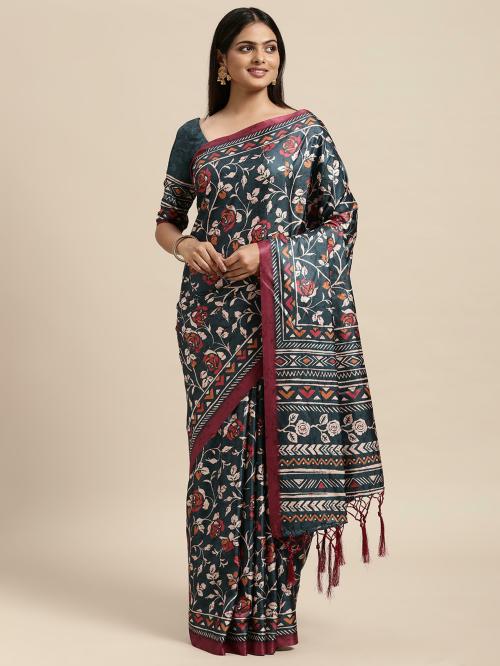 Janasya Women's Teal Satin Printed Saree with Blouse Piece