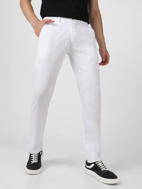 Urbano Fashion Men's White Cotton Slim Fit Casual Chinos Trousers