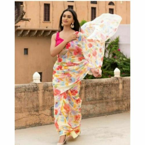 PRINCY FASHION Pure Gorgette saree with Bangaloiry satin Blouse