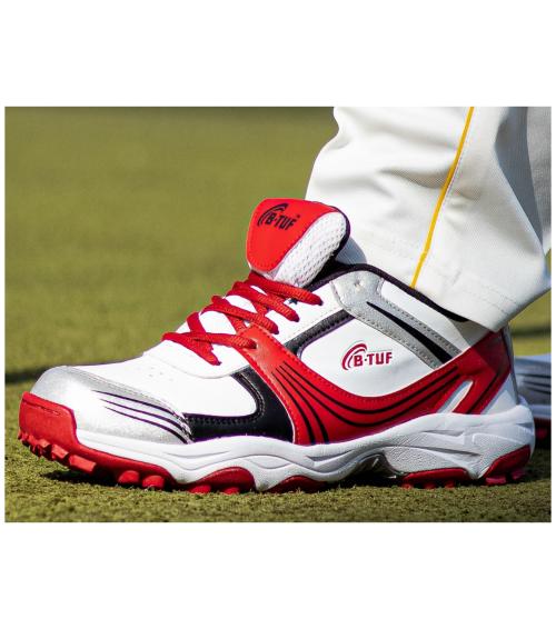B-TUF Ambition Cricket Shoes Stud Rubber Spikes Sports Shoes for Men Women Boys Girls (White/Red) Size India/UK 5