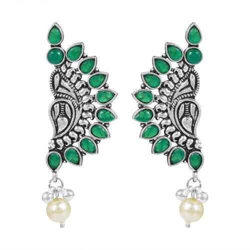 ADMIER Silver Oxidised half shell Design faux emerald Studed Jhumka jhumki Earrings for girls women