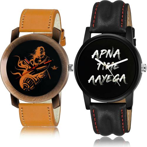 NEUTRON Brand New Love Mahabali Hanuman And Apna Time Aayega Orange And Black Colour Analog Genuine Leather Belt 2 Watch Combo For Boys And Men - BL46.64-B403