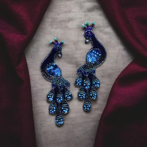 Blythe DIVA Beautiful Peacock Design Fabric and Embroidery Blue Color Dangler Earrings for Women and Girls