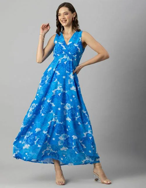 Moomaya Women's Printed Sleeveless Maxi Dress, V-Neck Party wear, Flared Resort Dress