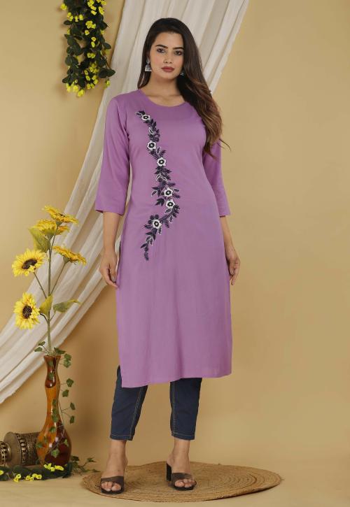 Mehsoos Women Purple Embroidered Cotton Rayon Straight Kurta (4XL)