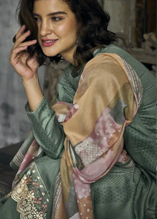 THE JAZZBAAT Unstitch Printed Embroidered Pure Cotton Suit Set For Women | Unstitched Kurta Set | Salwar Suits For Women | Print Unstitched Salwar Suit Material | Dress Material For Women (Green)