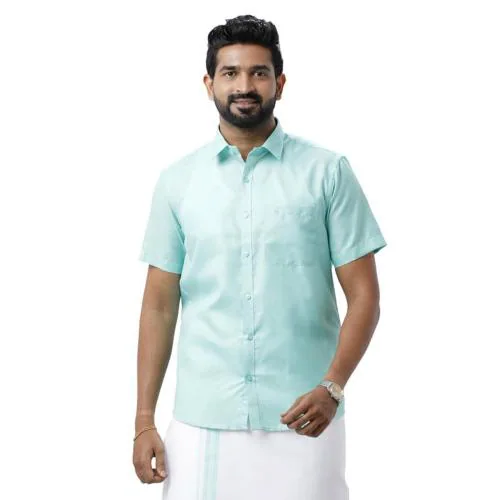 UATHAYAM Xpress Mint Greenish Blue Cotton Rich Half Sleeve Solid Slim Fit Shirt & Dhoti Set for Men Pack of 1