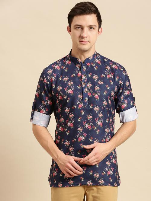 Sanwara Men Printed Cotton Rolled Up Sleeves Short Kurta PR_17
