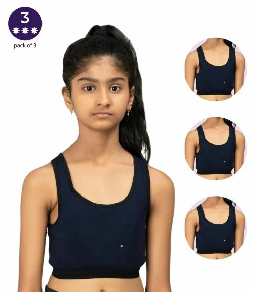 Adira | Young Girls Sports Bra | Beginners Bra | Flat Padding For Nipple Coverage | Full Support Racer Back | Confidence For Sports | Soft Modal | Pack Of 3 | Navy Blue | S