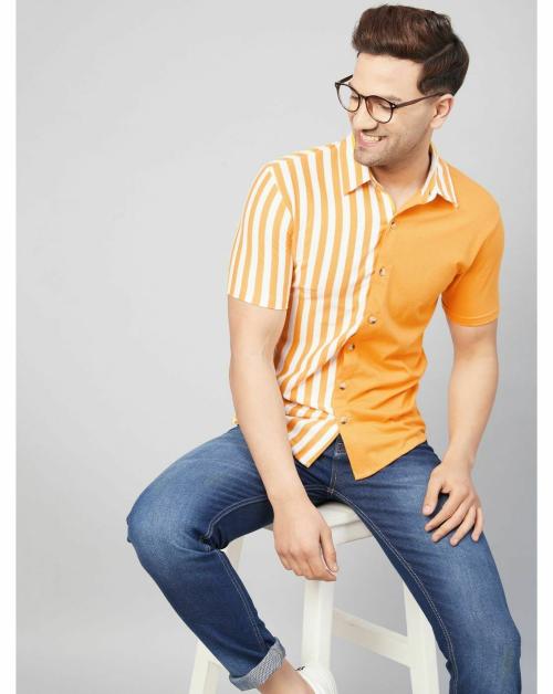 Gritstones Men Yellow & White Stripe Half Sleeve Cotton Blend Summer Shirts