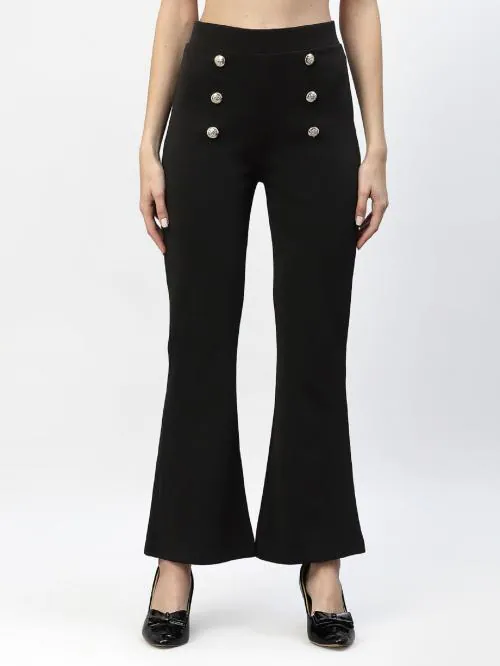 Popwings Black Bootcut Women Trouser ! Black Button Styling Formal Wide Leg Trousers for Women