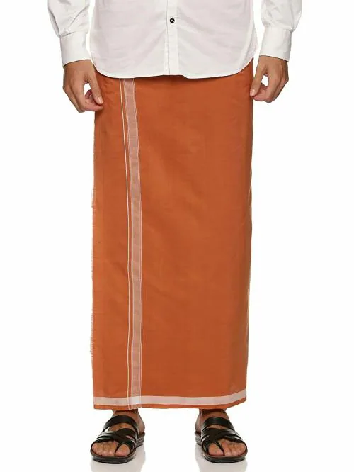Handlooom.com - Handmade in india for the world ! Pure Cotton Saffron/Kavi ColorDhoti/Mundu With White Border for Men With Handloom Mark And 1 Year Warranty