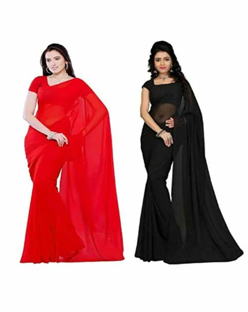 ORRUV Women Red and Black Solid Georgette Saree with Blouse Piece (Pack of 2)