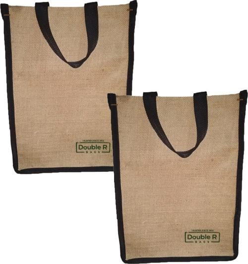 Double R Jute shopping/Grocery/Lunch/Multipurpose bag. Pack of 2 Grocery Bags (Black)