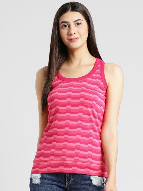 Pluss Women Pink Striped Pure Cotton Casual Sleeve Top