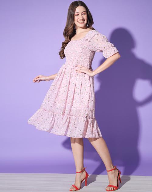BuyNewTrend Light Pink Georgette Floral Print Smocked Women Midi Dress | dress for women | women dress | dress | dresses | dress for women | women dress | dress | dresses