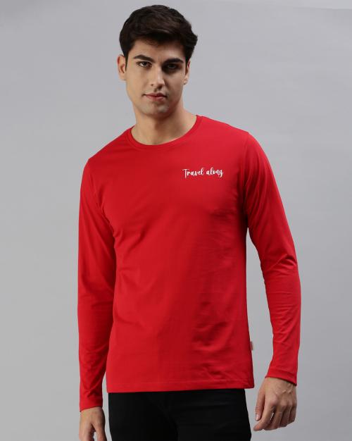 Veirdo Tshirt| VEIRDO Men's Travelling Red Full Sleeve Print Regular Fit 100% Cotton Round Neck T-shirt| Tshirt for Men| Men Tshirt| Tshirt Men| Tshirt| Men