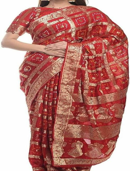 Yogesh Fashion Women's Art Silk Jaipuri Rajasthani Banarasi Bandhani Bandhej Gharchola Saree with Blouse Piece-RED