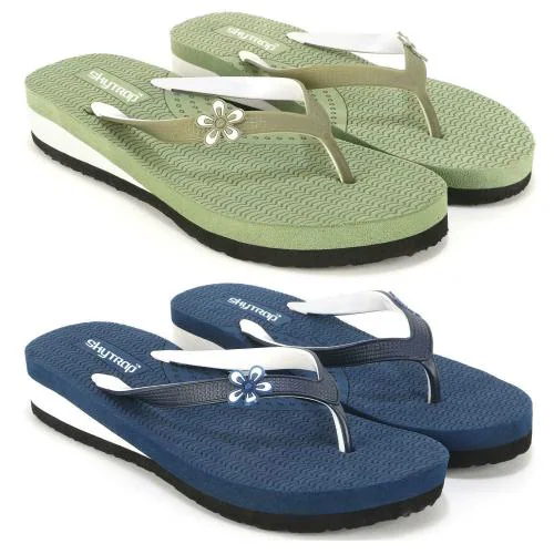Skytrap Green, Blue Laser Cut Rubber Slippers Flipflop for Women Combo of 2