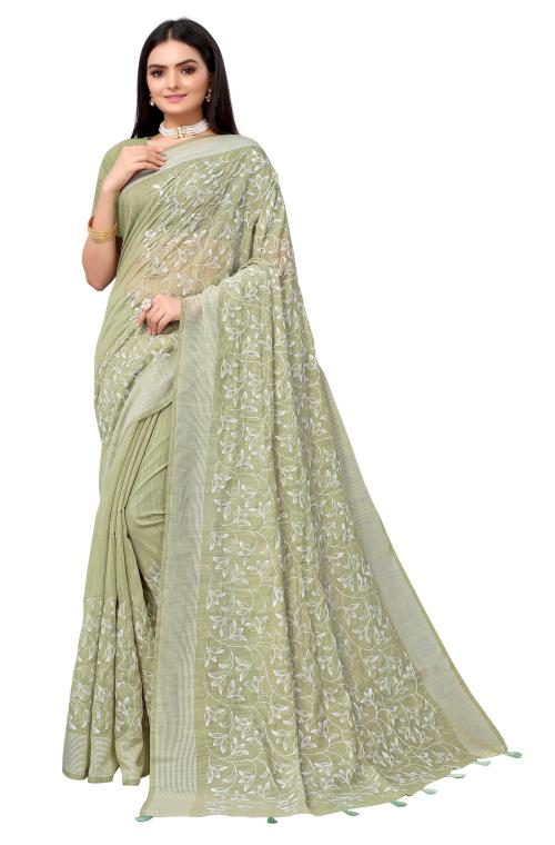 Mahotsav Green Lakhnavi Work Pure Cotton Saree Saree with Matching blouse