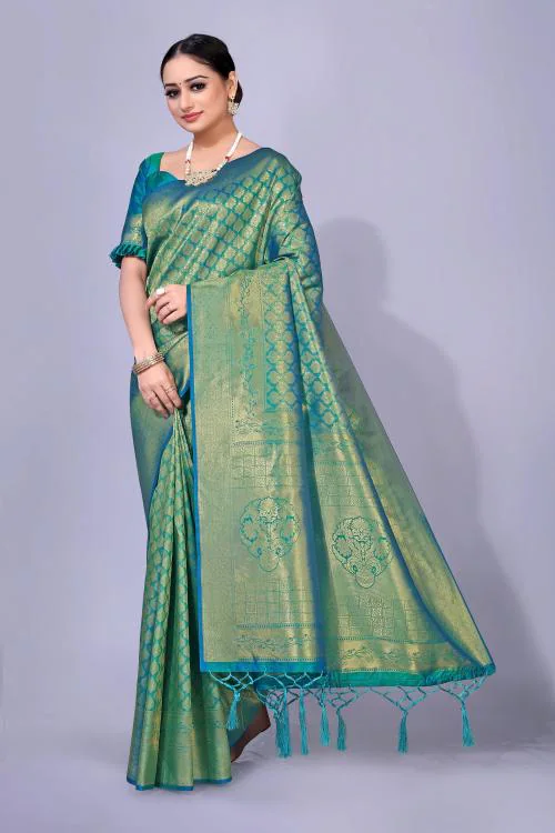Rujave Women Dark Green Embellished, Woven Jacquard, Art Silk Konrad Saree