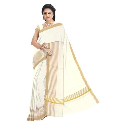 Peerless Wear Kerala Cotton Kasavu Saree /Off white/Running Blouse/Self Zari Design