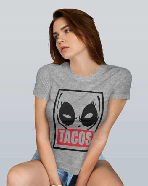 Macmerise Deadpool Tacos Grey Melange T-shirt for Womens