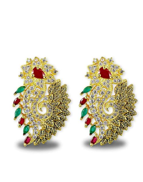 karatcart Metal Antique Leaf Shaped Red and Green Stone Cubic Zirconia Earrings For Women