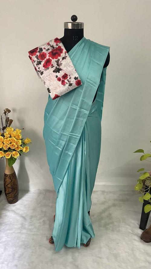 MBL Women Light Blue Solid Satin Party Daily Wear Saree with Unstitched Blouse Piece