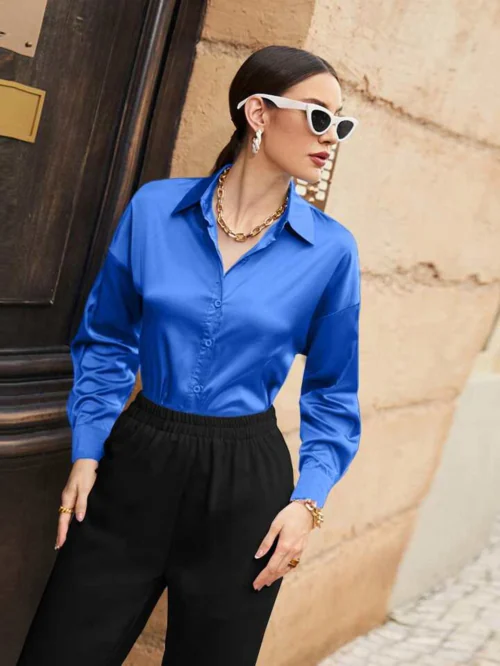 Popwings Casual Women Blue Solid Satin Shirt | Women Trendy Shirt | Women Collar Shirt | Women Spread Collar Shirt