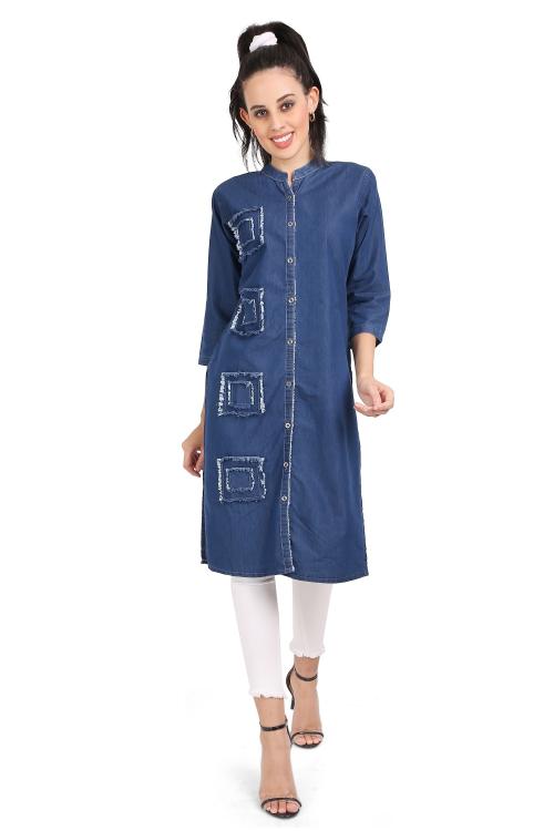 Cefalu women calf length denim kurti in blue colour