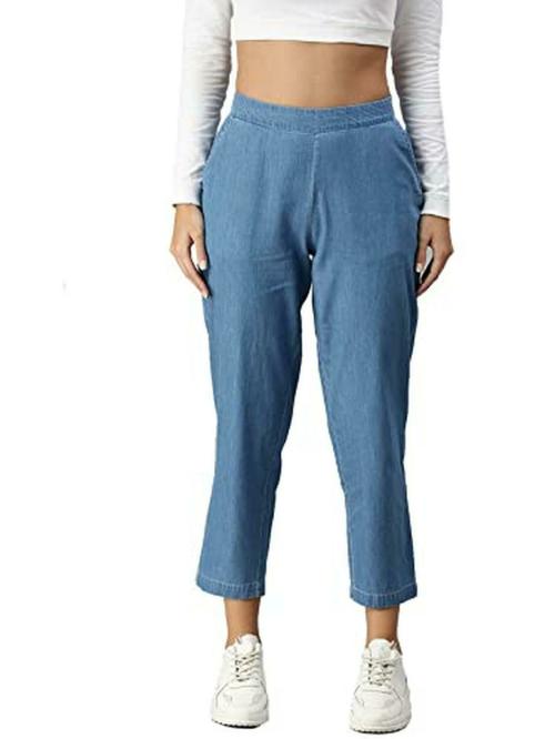 De Moza Women Blue Solid Cotton Denim Straight Pant - L
