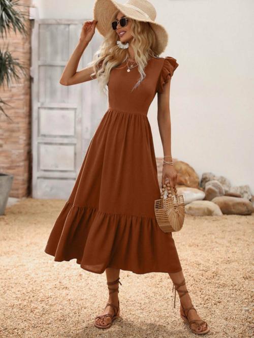 Aathya Enterprise Womens Butterfly Sleeve A line Western Dress Brown S