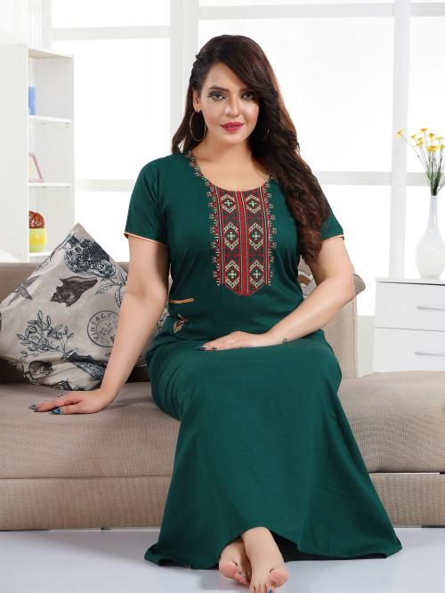 TRUNDZ Free Size Cotton Nighty with Pocket(Dark Green)