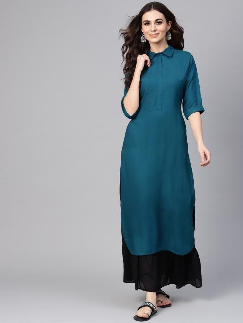 WOMEN VILLAGE Women Dark Blue Solid Viscose Rayon Straight Kurta - XXL
